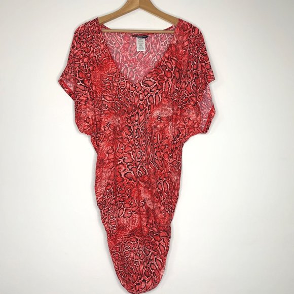 CARMEN MARC VALVO COUTURE Red Snakeskin Ruched Swim Cover Up Dress Sz XS - Picture 2 of 9